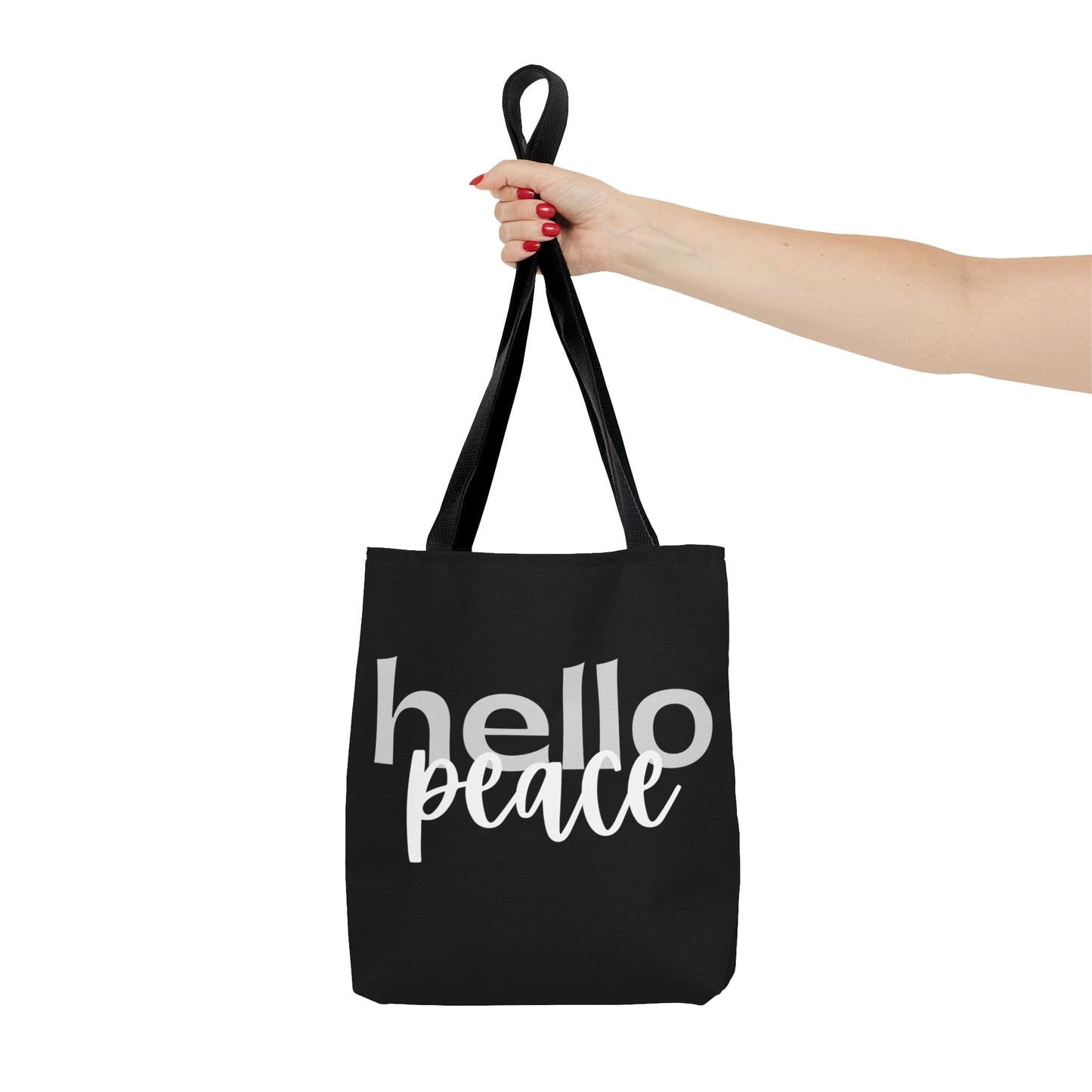 Large Tote Bag Hello Peace Motivational Peaceful Aspiration - Grey/white-4