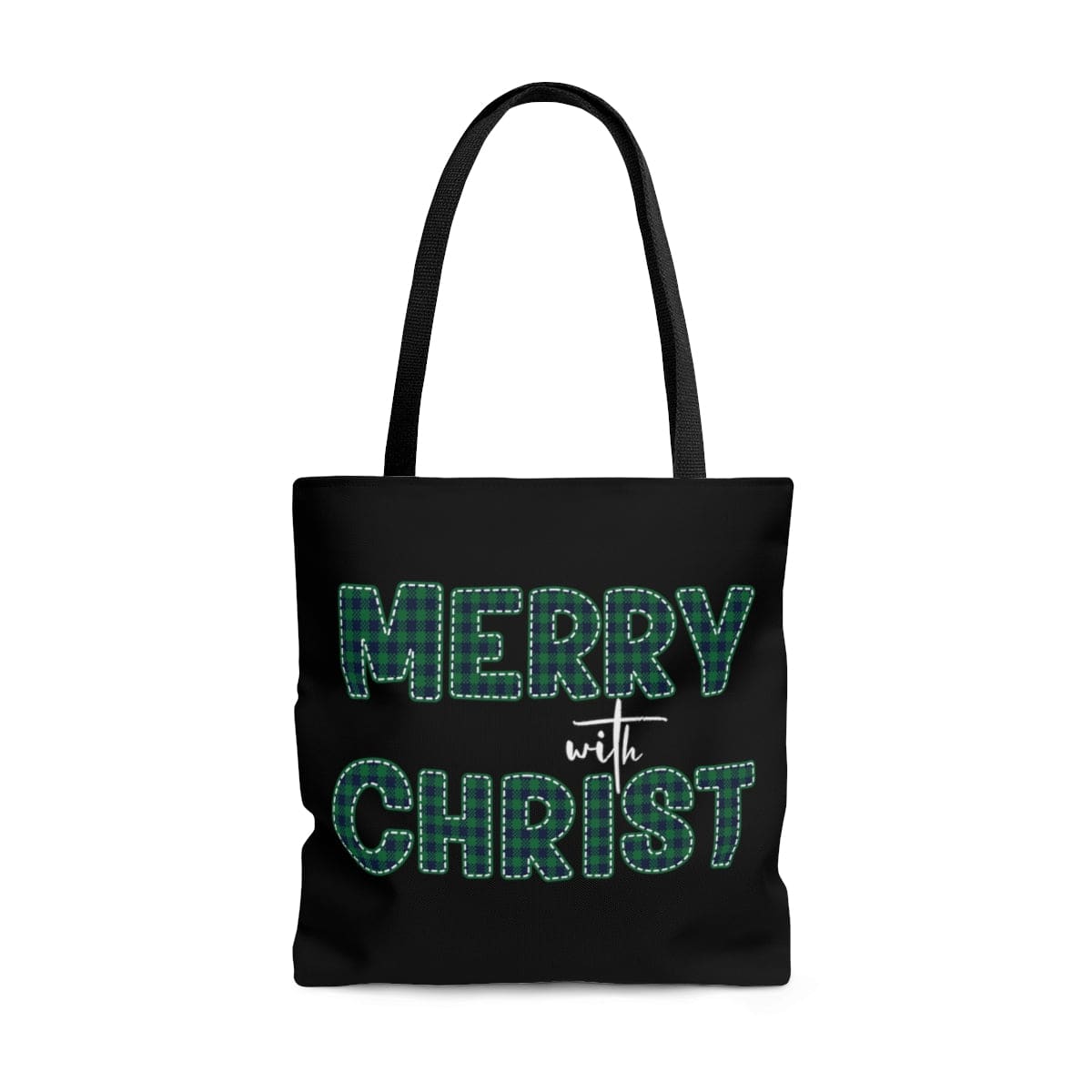 Large Tote Bag - Merry with Christ - Green Plaid Christmas Holiday Print-4