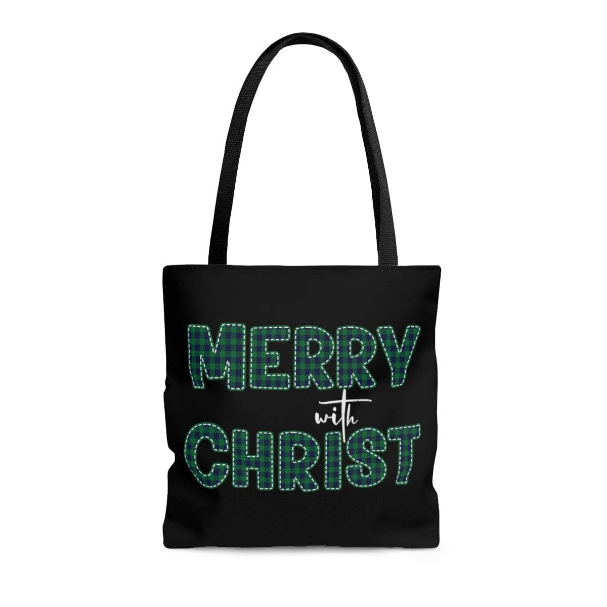 Large Tote Bag - Merry with Christ - Green Plaid Christmas Holiday Print-2