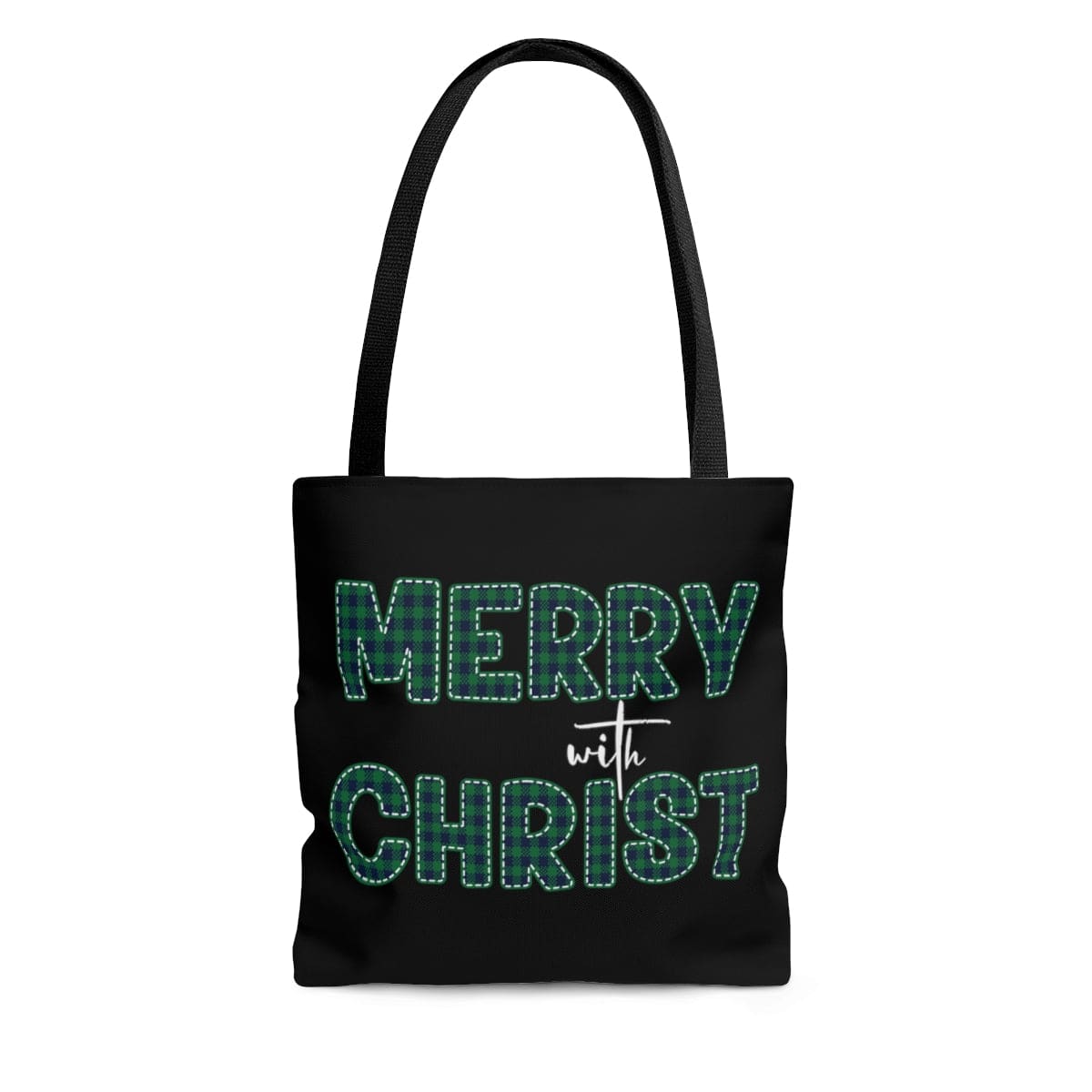 Large Tote Bag - Merry with Christ - Green Plaid Christmas Holiday Print-0