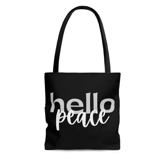 Large Tote Bag Hello Peace Motivational Peaceful Aspiration - Grey/white-0