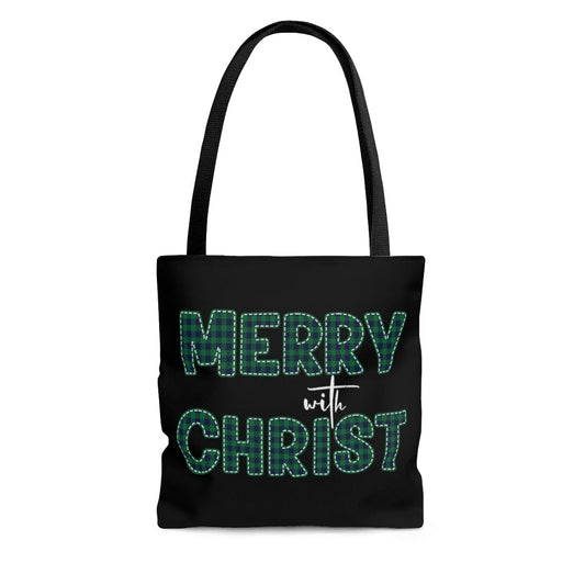 Large Tote Bag - Merry with Christ - Green Plaid Christmas Holiday Print-0